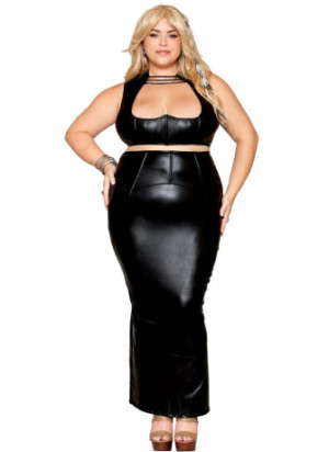 Ensemble Soutien-gorge et jupe longue, grande taille, noir en simili cuir - DG13198XBLK